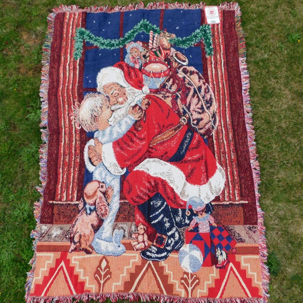Christmas Throw, Rug Barn Hugging Santa 46x67 Vintage 1993 Cotton Blanket NWT!